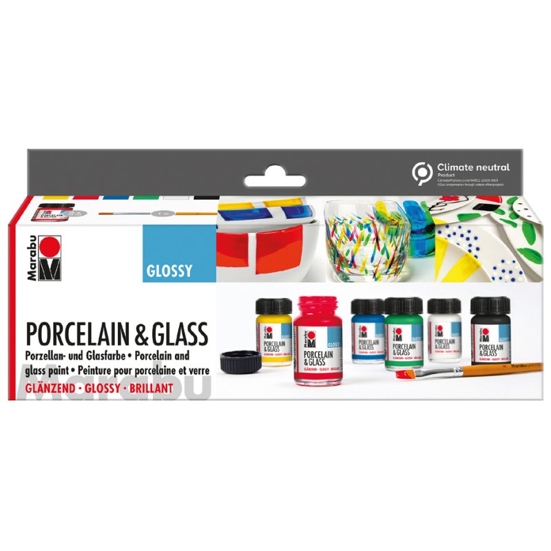 Marabu Porselein & Glas verf starterset, glanzend, 6 kleuren + penseel