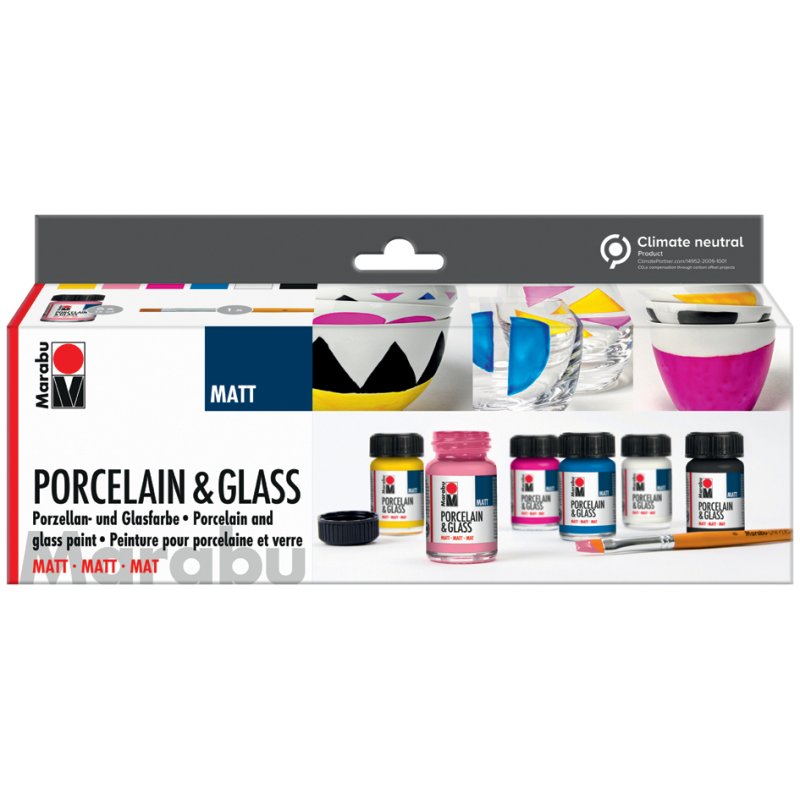Marabu Porselein & Glas Mat verf starterset, 6 kleuren, universele penseel
