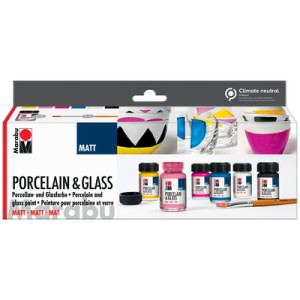 Marabu Porselein & Glas Mat verf starterset, 6 kleuren, universele penseel