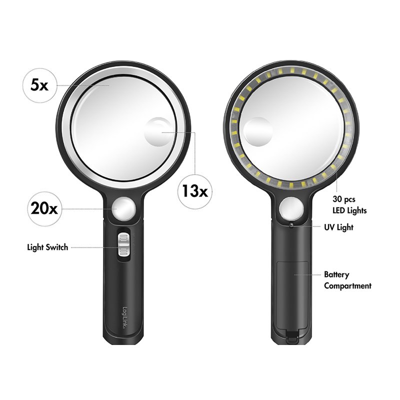 LogiLink vergrootglas met handvat, LED-verlichting, 90 mm, zwart