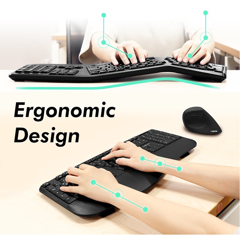 LogiLink ensemble de bureau sans fil ergonomique, noir, 2,4 GHz, QWERTZ