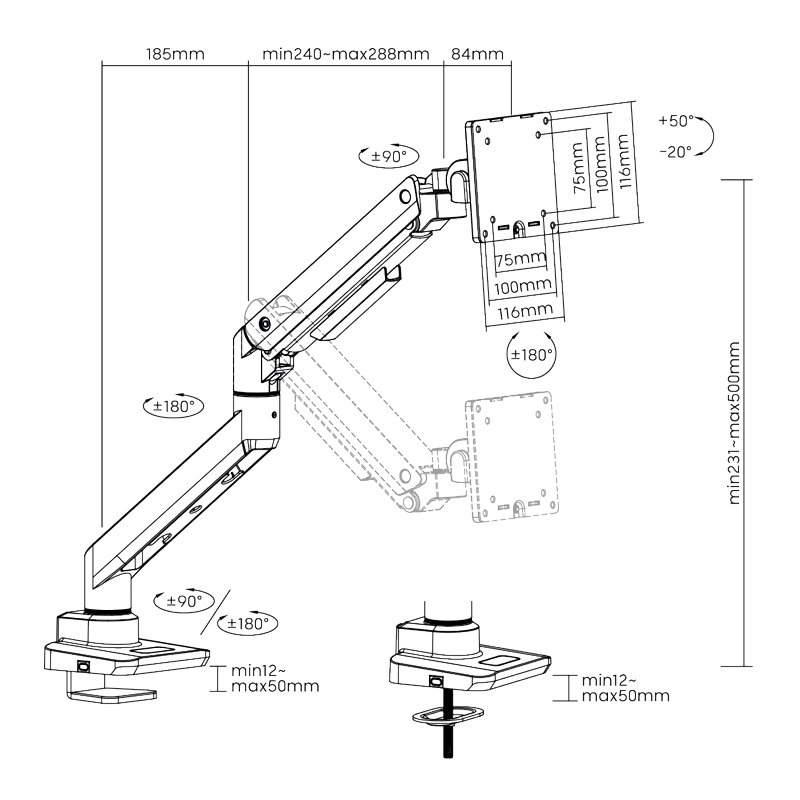 LogiLink bras pour moniteur aluminium, 17-49 pouces, réglable, 20 kg capacité de charge