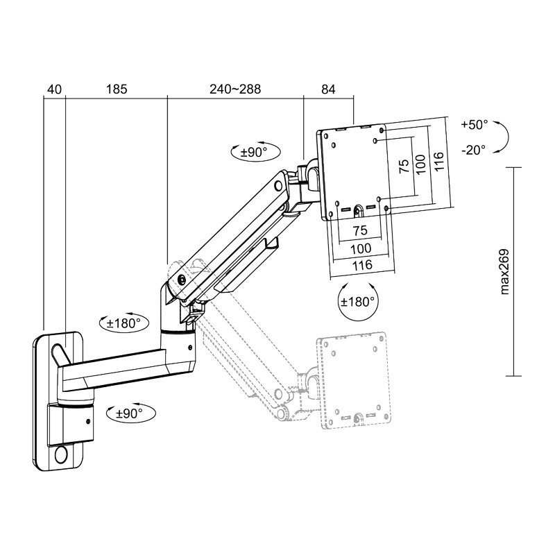 LogiLink bras de moniteur montage murale, 17-49 pouces, noir, longueur de bras 424 mm