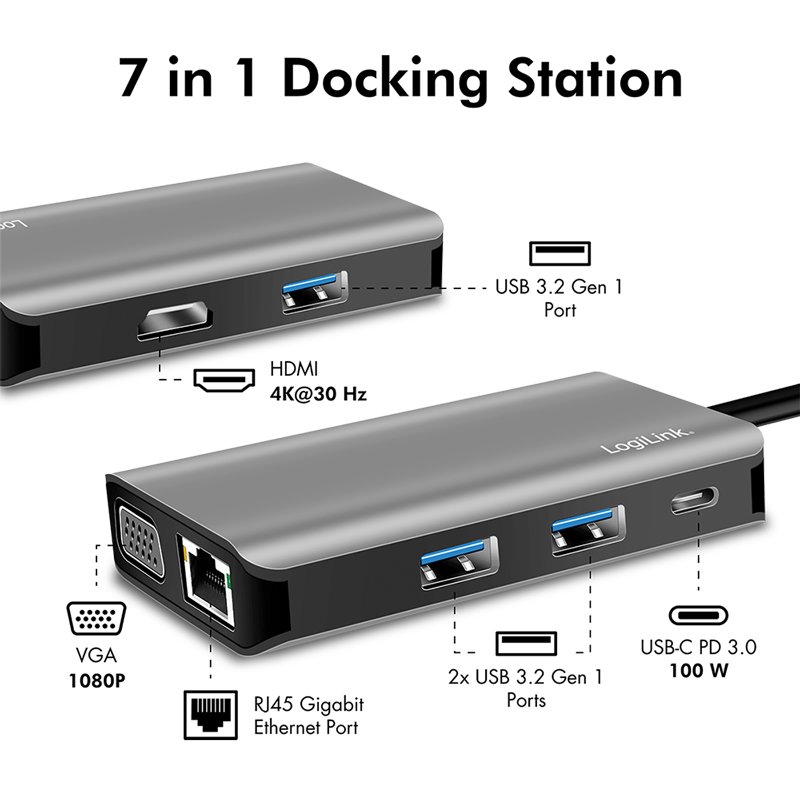 LogiLink Station d'accueil USB-C, 7 ports USB 3.2 Gen 1, anthracite