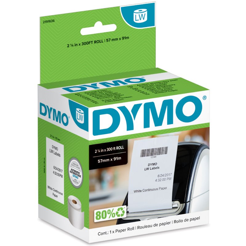 DYMO etiketrol Quitt, 57 mm × 91 m, wit, niet-klevend