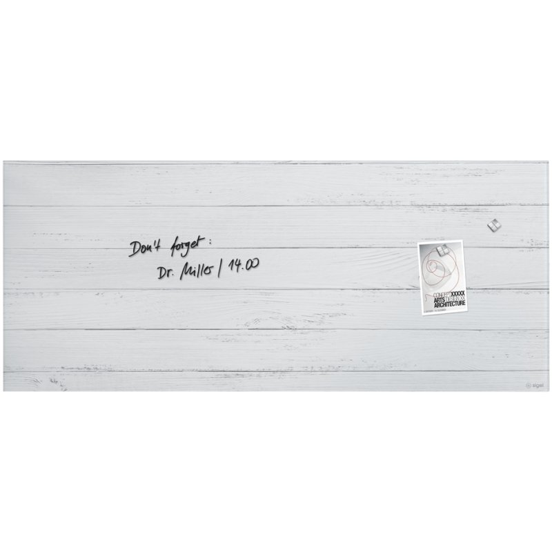Sigel tableau blanc magnétique en verre Artverum Design White Wood, mat, blanc, 130×55 cm, sans cadre