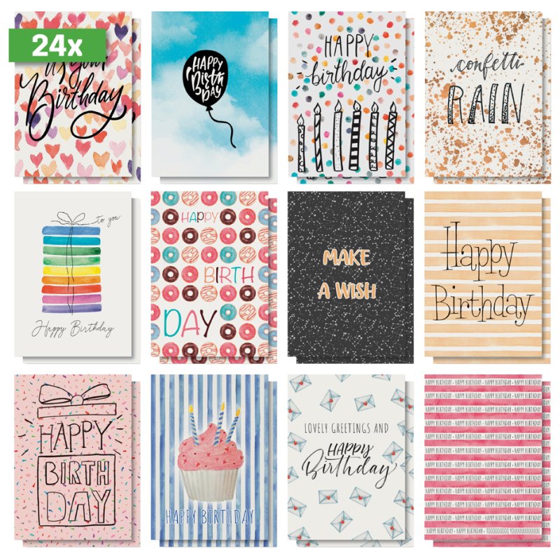 sigel Lot de cartes d'anniversaire Joyeux Anniversaire, A6, 12 motifs, 24 pièces