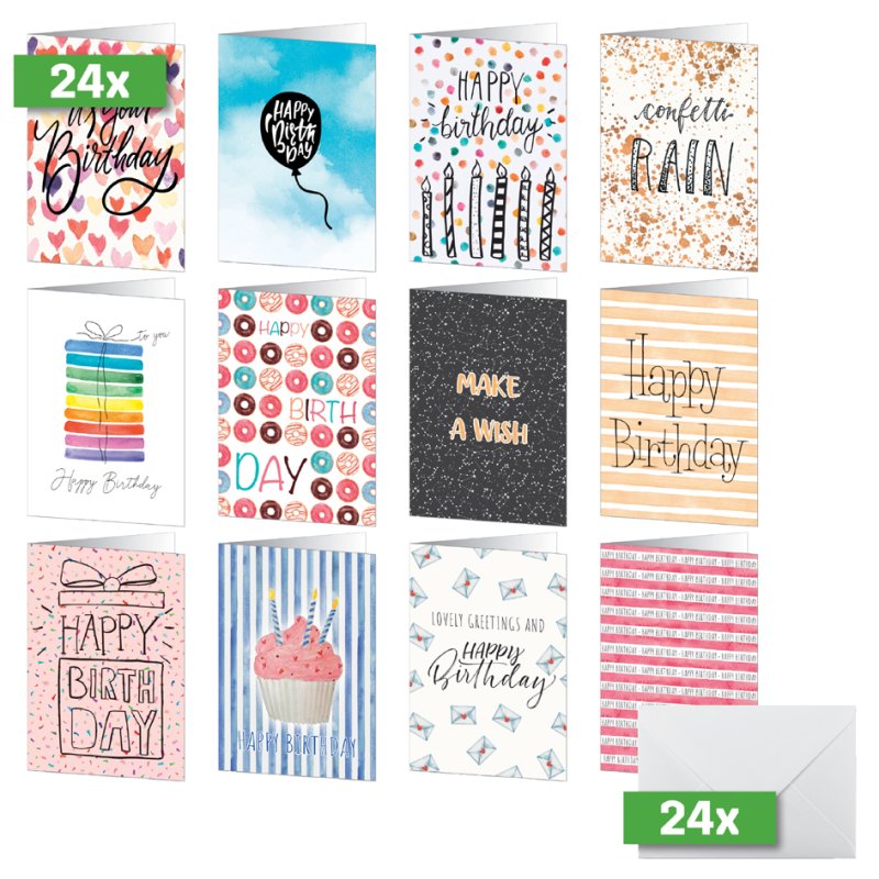 sigel Ensemble de cartes d'anniversaire 'Fijne Verjaardag', 24 cartes, 12 motifs, 105×148 mm