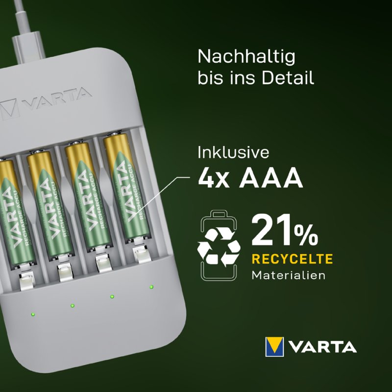 VARTA Eco Charger Pro Recycled batterijlader, 75% gerecycled materiaal, USB-C, 4x AAA batterijen