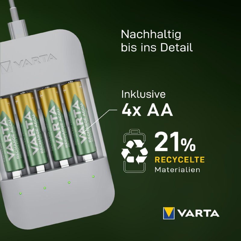 VARTA Eco Charger Pro Recycled batterijlader, 4 AA batterijen, USB-C