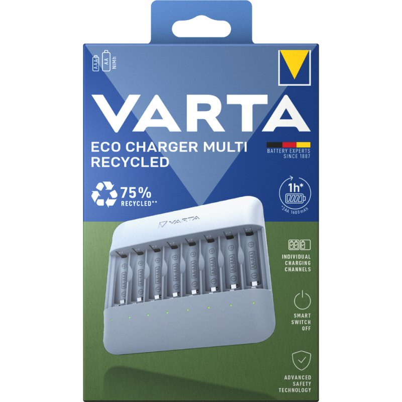 VARTA Eco Charger Multi Recycled batterijlader, 75% gerecycled materiaal, 1-8 AA/AAA