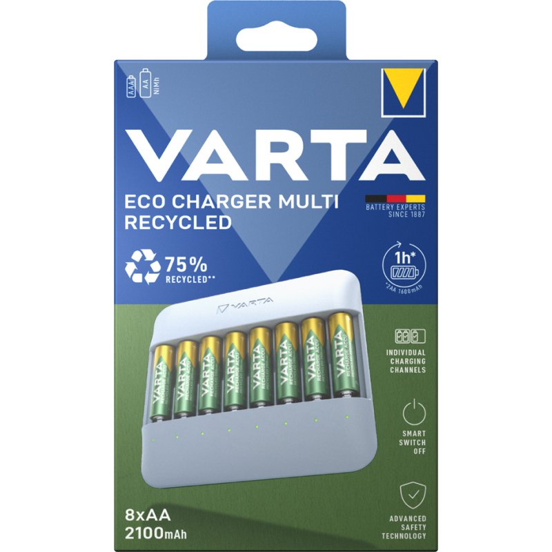VARTA ECO Charger Multi batterijlader, 75% gerecycled materiaal, inclusief 8x AA batterijen