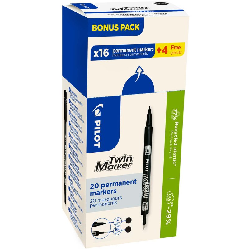PILOT permanent twin marker, black, 0.4 + 0.8 mm, 20 pieces