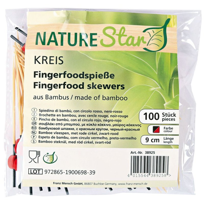 NATURE Star piques à cocktail bambou, disque rouge, 90 mm, 100 pièces