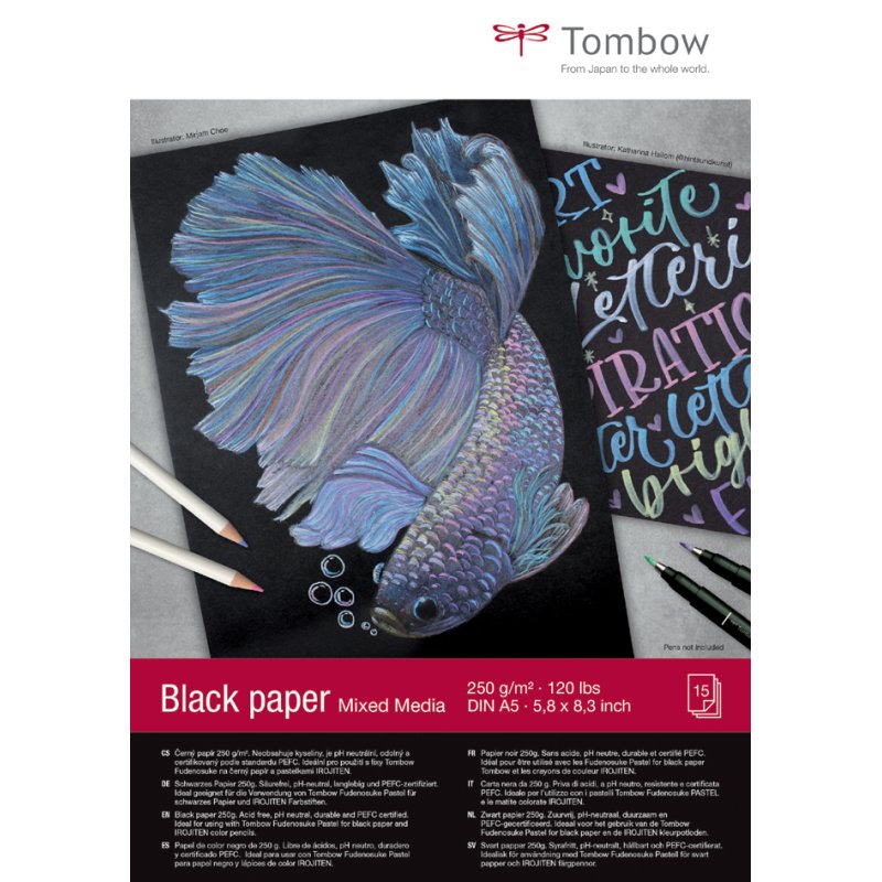 Tombow tekenblok Black Paper, A5 blanco, zwart papier, 250 g/m²