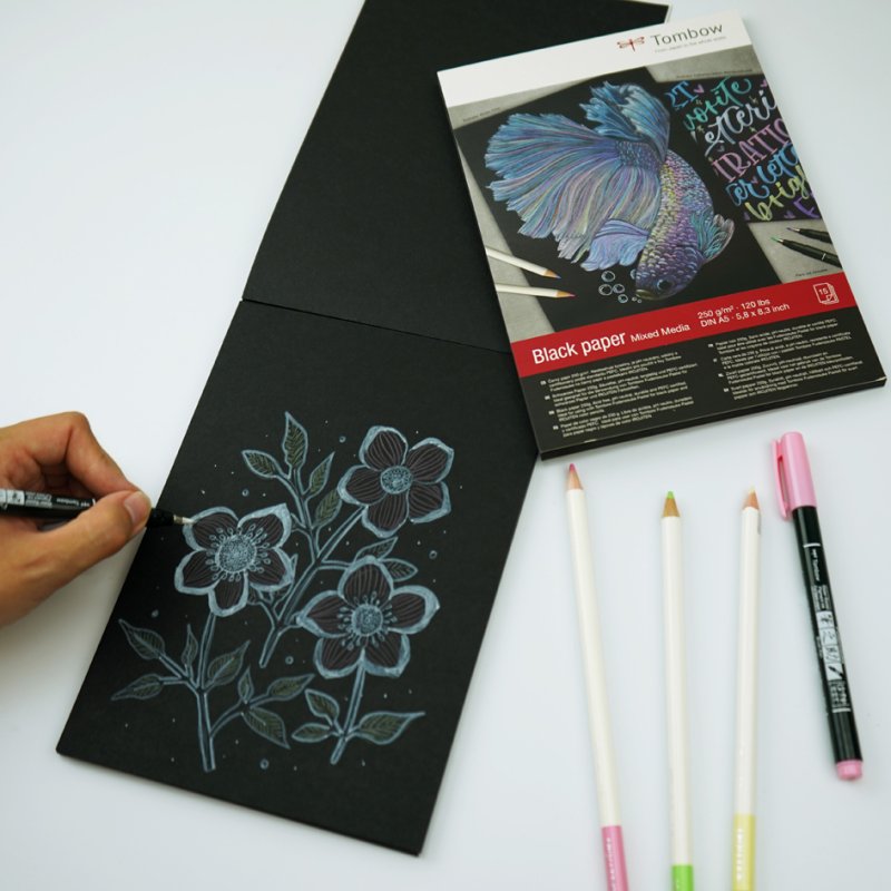 Tombow tekenblok Black Paper, A5 blanco, zwart papier, 250 g/m²
