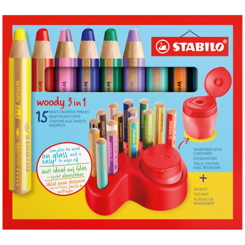 STABILO Woody multitalent crayon de couleur 3-en-1, set de 15 pièces