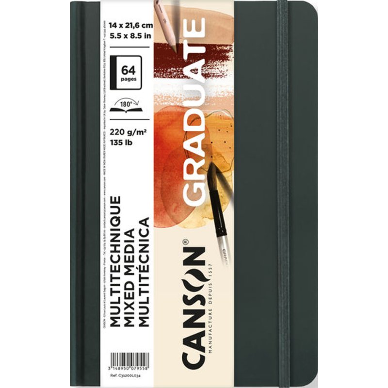 CANSON carnet de croquis Graduate Mixed Media, couverture rigide, noir, 140×216 mm