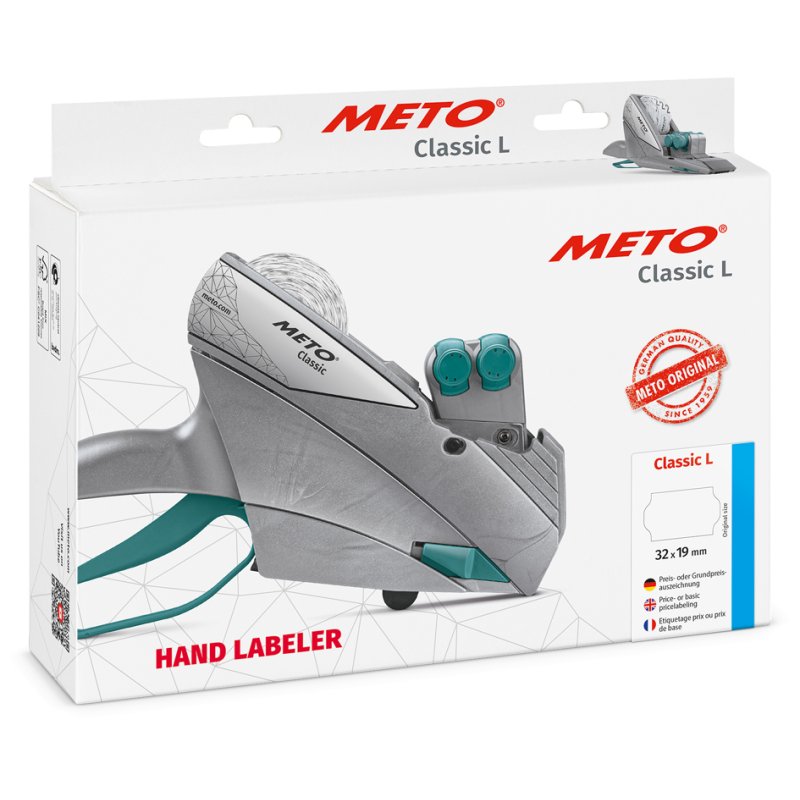 METO prijstang Classic L 1932, 2-regelig, 19-stellig, etiketten 32×19 mm