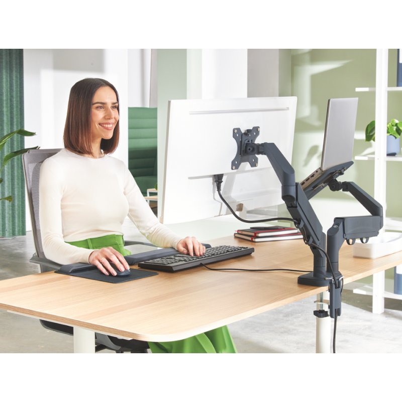 LEITZ Ergo monitor arm with laptop holder, velvet grey, 17-32 inch