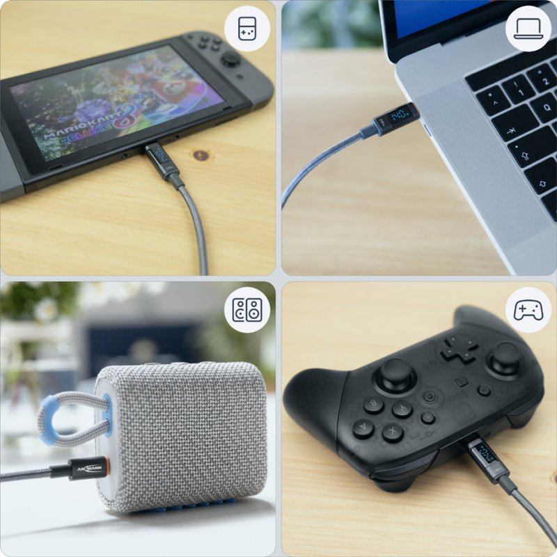 ANSMANN USB-C kabel met display, 1,2 meter, anthraciet, 140 watt