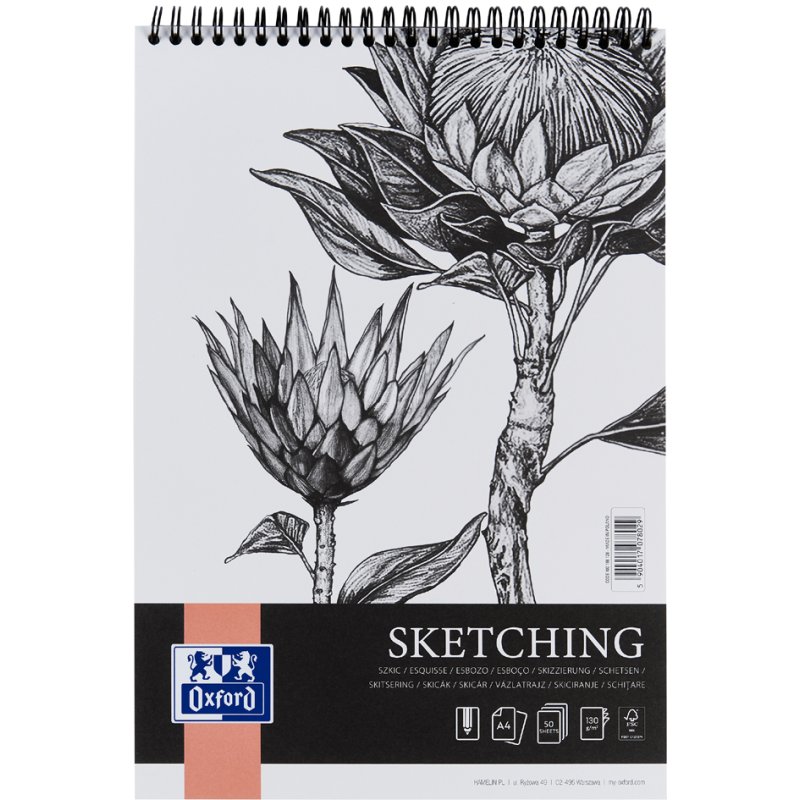 Oxford Art spiral sketch pad, white, 50 sheets, textured art printing paper