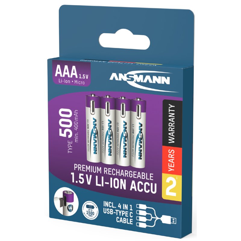 ANSMANN Li-Ion oplaadbare AAA batterijen, USB-C aansluiting, 1,5 V, 4 stuks