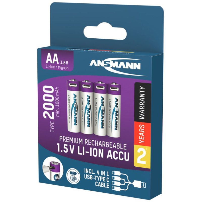 ANSMANN oplaadbare AA batterijen, USB-C aansluiting, lithium-ion, 4 stuks