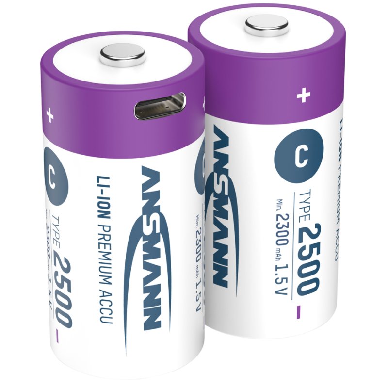 ANSMANN Li-Ion oplaadbare C batterijen, USB-C aansluiting, 2500 mAh, 2 stuks