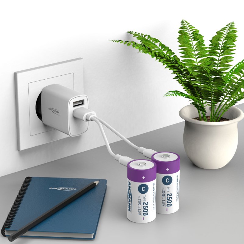 ANSMANN Li-Ion oplaadbare C batterijen, USB-C aansluiting, 2500 mAh, 2 stuks