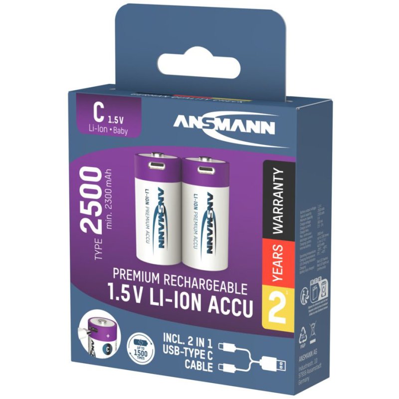 ANSMANN Li-Ion oplaadbare C batterijen, USB-C aansluiting, 2500 mAh, 2 stuks