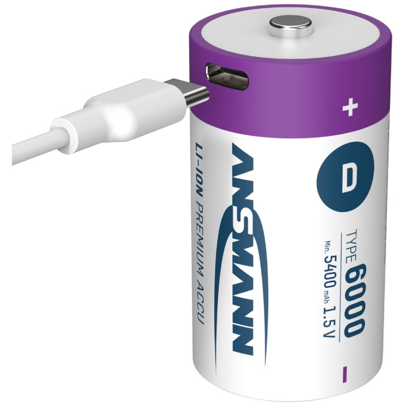 ANSMANN Li-Ion oplaadbare D batterijen, USB-C, 6000 mAh, 2 stuks