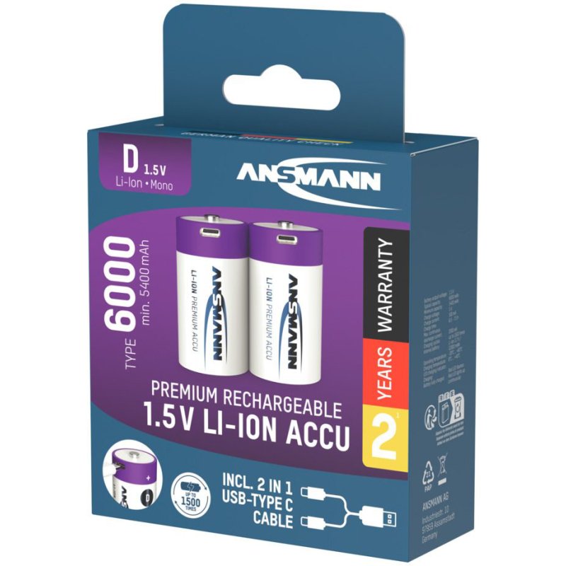 ANSMANN Li-Ion oplaadbare D batterijen, USB-C, 6000 mAh, 2 stuks