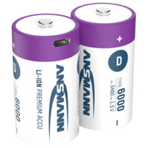 ANSMANN Li-Ion oplaadbare D batterijen, USB-C, 6000 mAh, 2 stuks