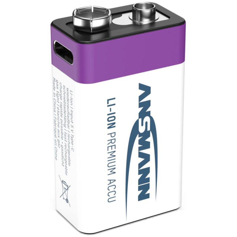 ANSMANN Li-Ion 9V blokbatterij, USB-C aansluiting, oplaadbaar, 400 mAh