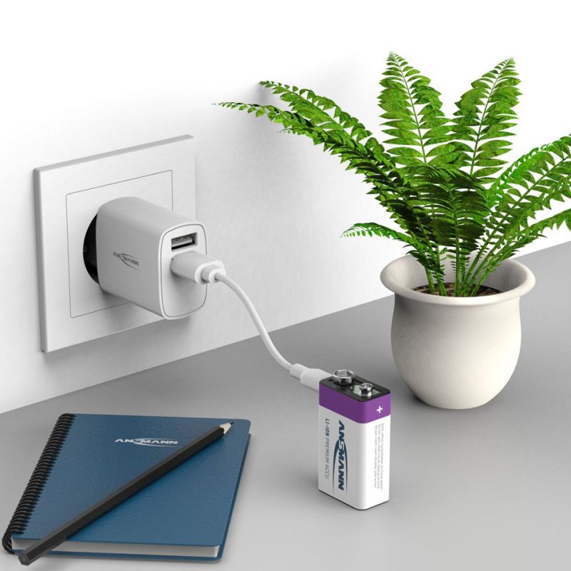 ANSMANN Li-Ion 9V blokbatterij, USB-C aansluiting, oplaadbaar, 400 mAh