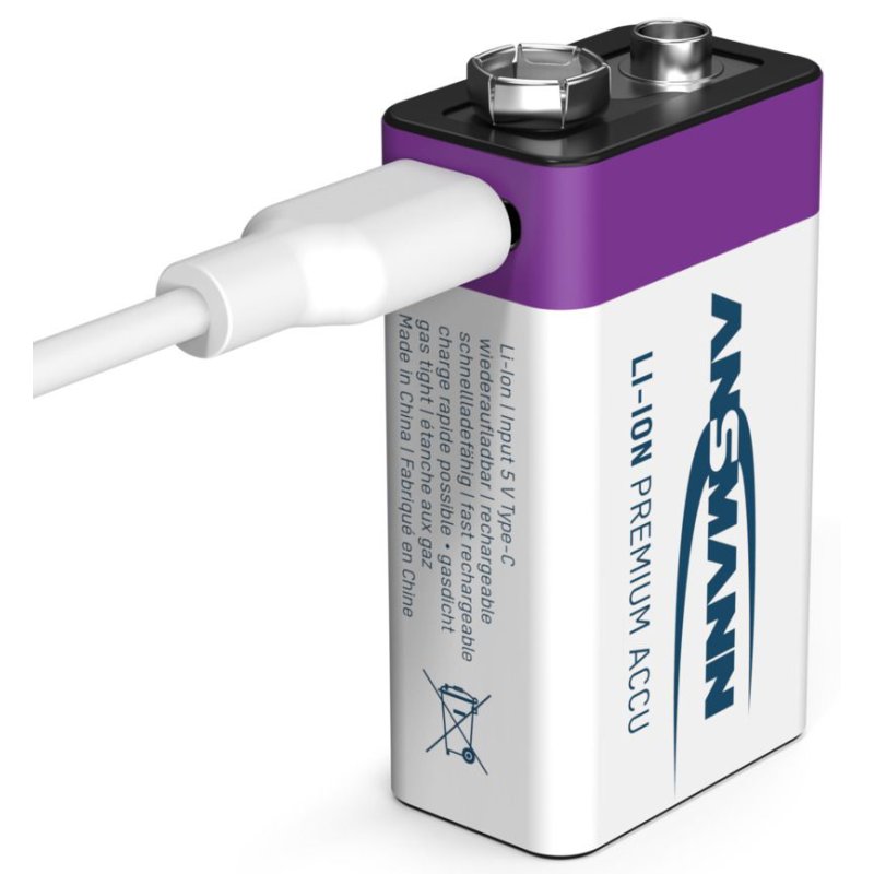 ANSMANN Li-Ion 9V blokbatterij, USB-C aansluiting, oplaadbaar, 400 mAh