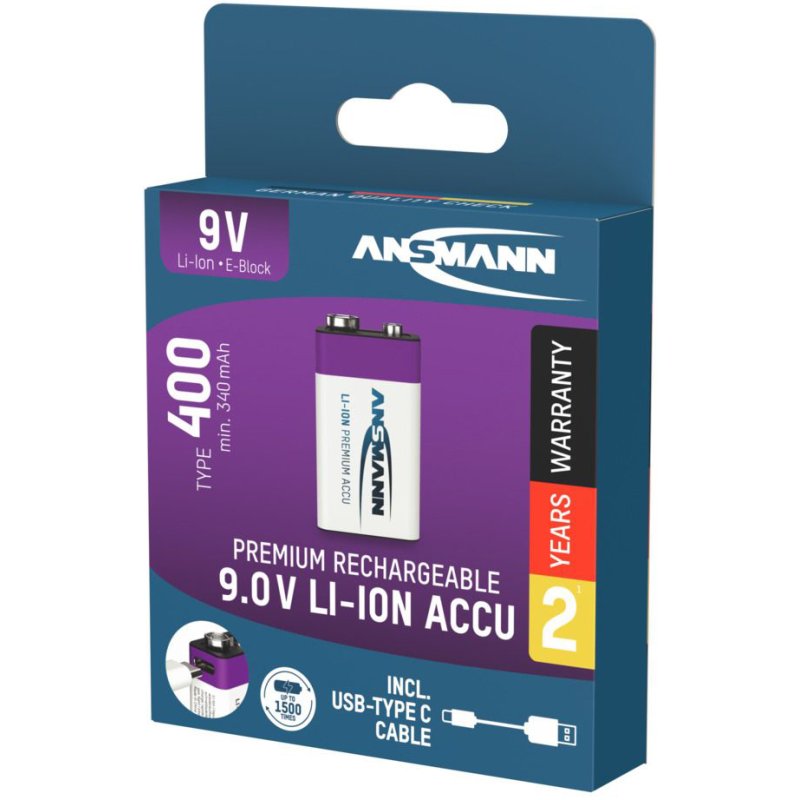ANSMANN Li-Ion 9V blokbatterij, USB-C aansluiting, oplaadbaar, 400 mAh