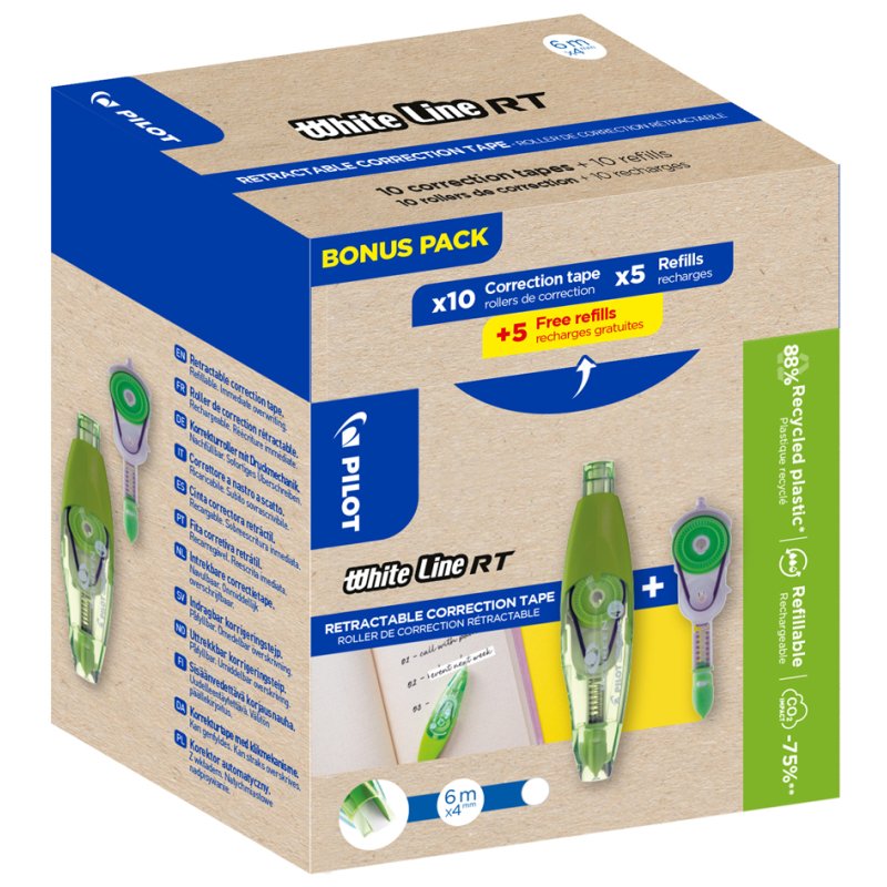 PILOT correcteur WHITE LINE RT pack bonus, rechargeable, 4 mm × 6 m, 10 pièces