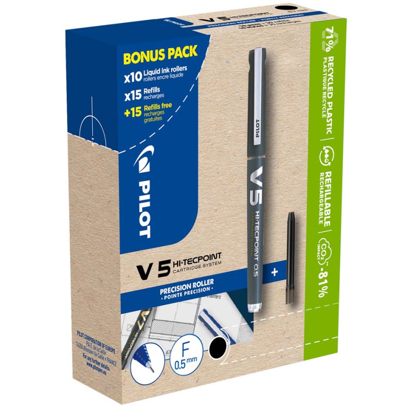 PILOT rollerball V5 HI-TECPOINT, navulbaar, blauw, bonuspakket
