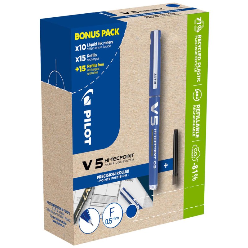PILOT rollerball V5 HI-TECPOINT, navulbaar, blauw, bonuspakket
