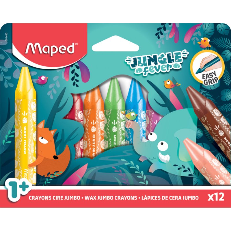 Maped crayons de couleur lavables JUNGLE fever JUMBO, triangulaire, assortiment coloré, 12 pièces