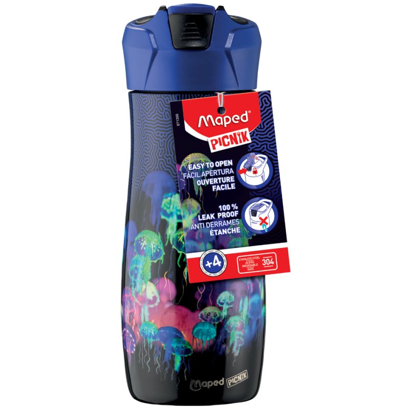 Drinkfles DEEPSEA met kwallendesign, blauw, edelstaal, knopdruk-systeem