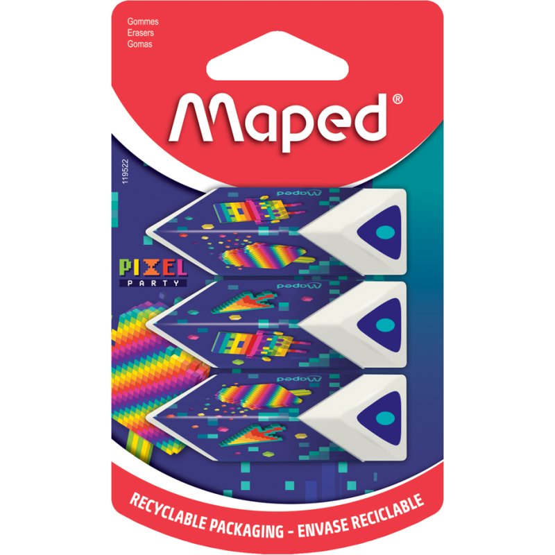 Maped gommes triangulaires Pixel Party, blanc, sans phtalate & sans PVC, 3 pièces