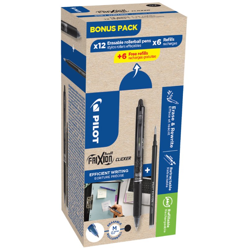 PILOT gel roller FRIXION BALL CLICKER 07, refillable, blue, bonus pack