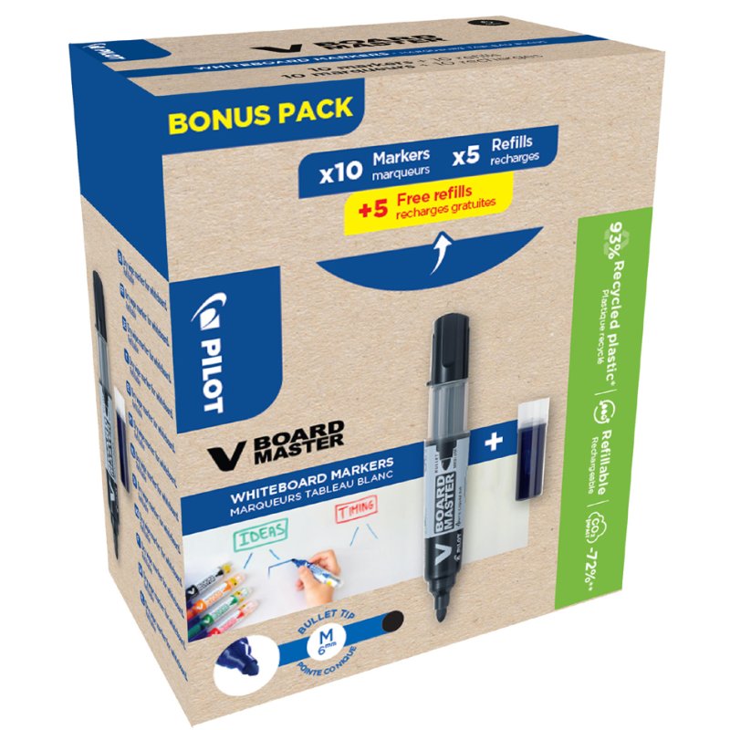 PILOT marqueur tableau blanc V BOARD MASTER, rechargeable, rouge, lot avantage 10+10 recharges