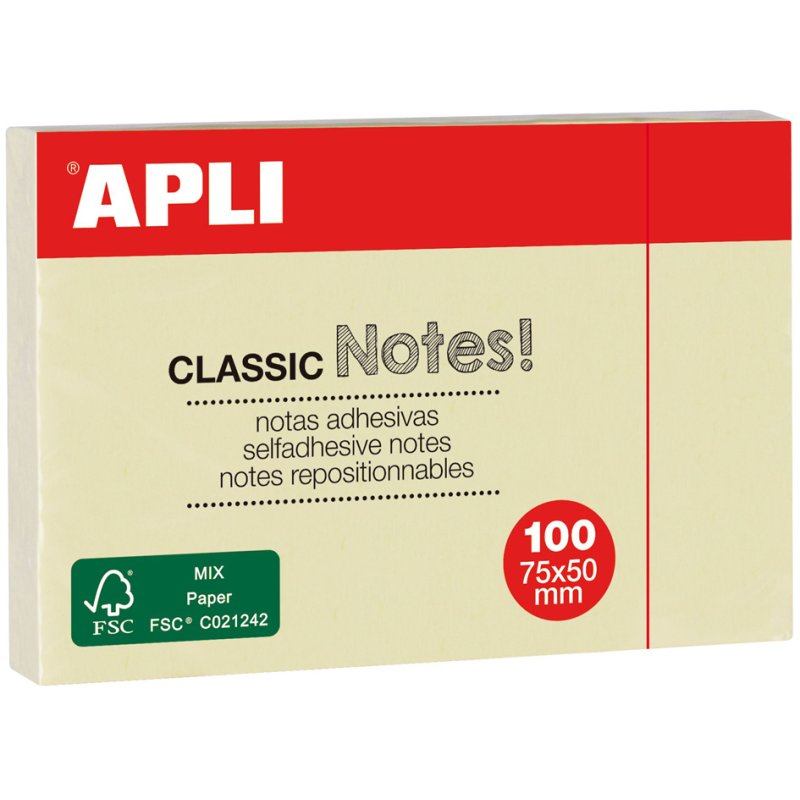 APLI zelfklevende notitieblokjes, 125×75 mm, geel, 100 vel