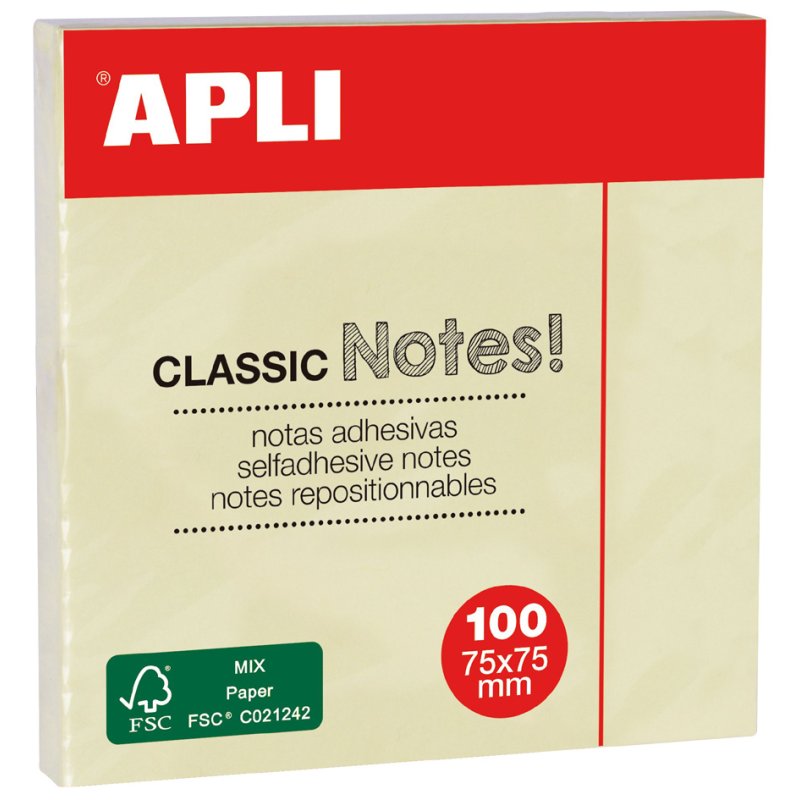 APLI zelfklevende notitieblokjes, 125×75 mm, geel, 100 vel
