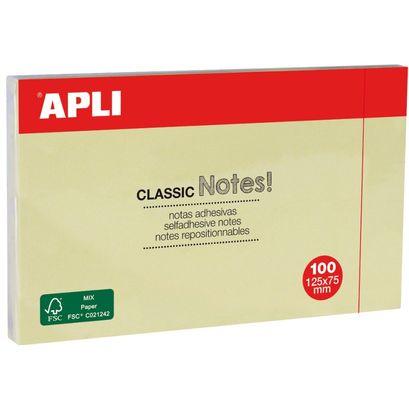 APLI zelfklevende notitieblokjes, 125×75 mm, geel, 100 vel