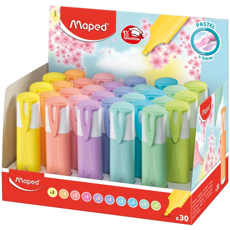 Maped Fluohighlight highlighters, pastel shades, chisel tip, 30 pieces